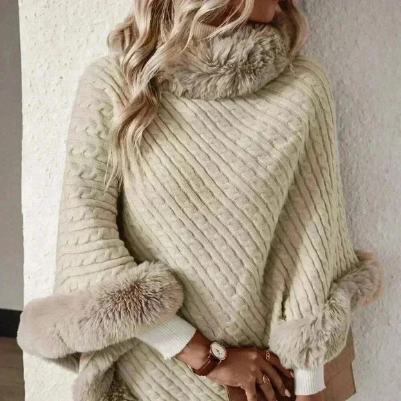 Apricot Casual Women's Turtleneck Fuzzy Trim Batwing Sleeve Poncho Sweater - Picture 1 of 7